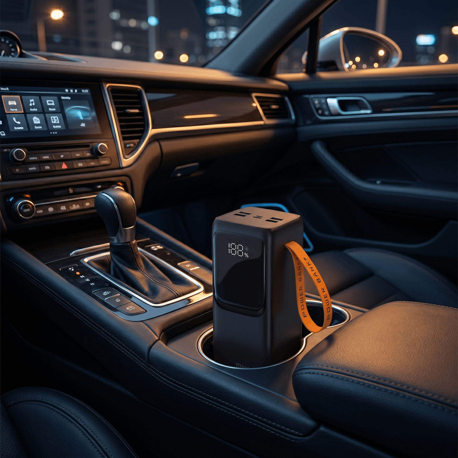 Titan X in a car cupholder at night — built for festivals, road trips, and workdays without an outlet